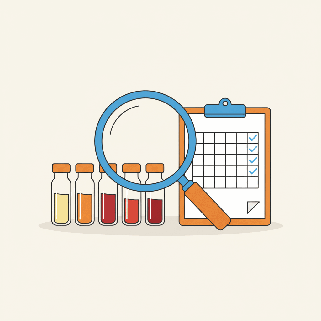 Seven peptide vials beside a review checklist, four of them ticked