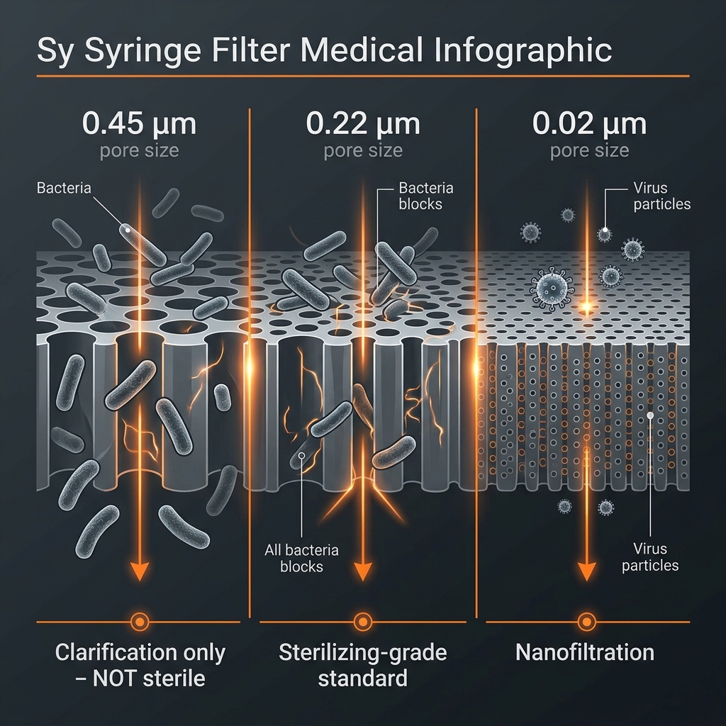 Comparison of syringe filter pore sizes: 0.45, 0.22, and 0.02 microns