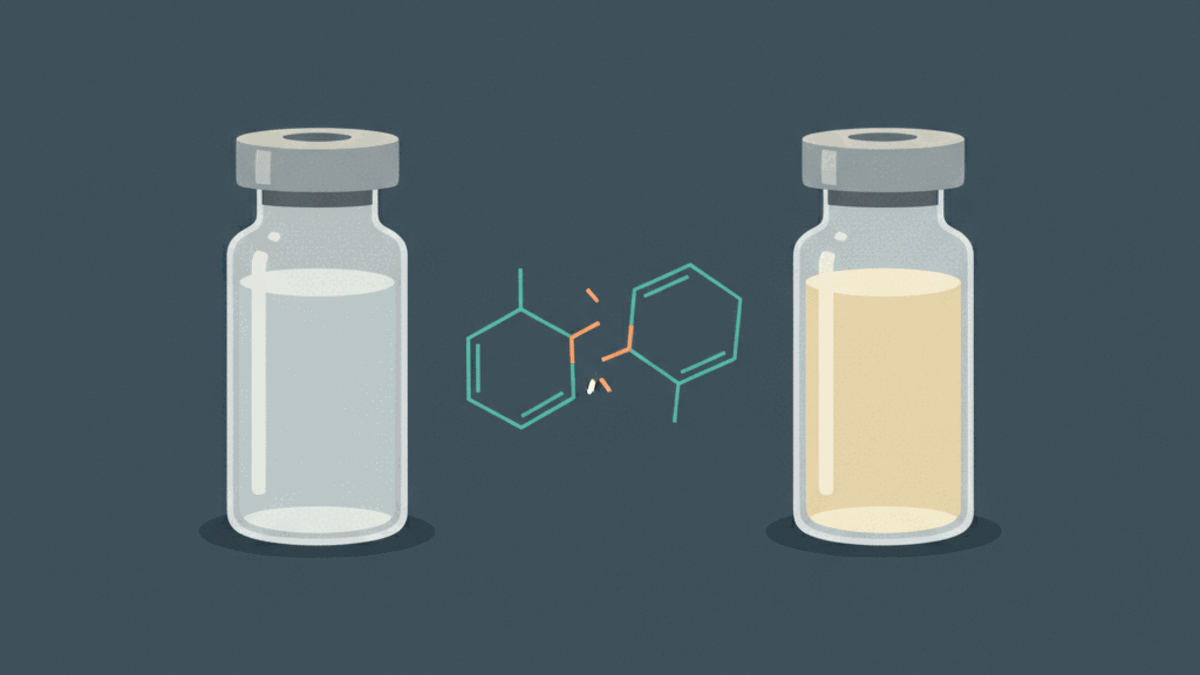 Two small glass vials, one holding a colourless liquid and one a pale yellow liquid, with stylised molecular rings between them splitting into two pieces