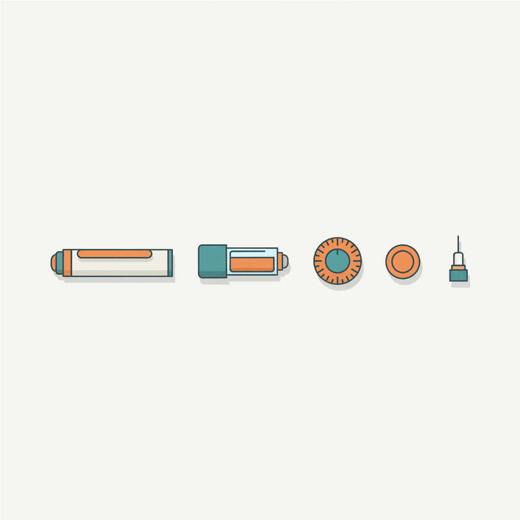 Exploded view of a reusable injection pen: body, cartridge, dose dial, button and needle