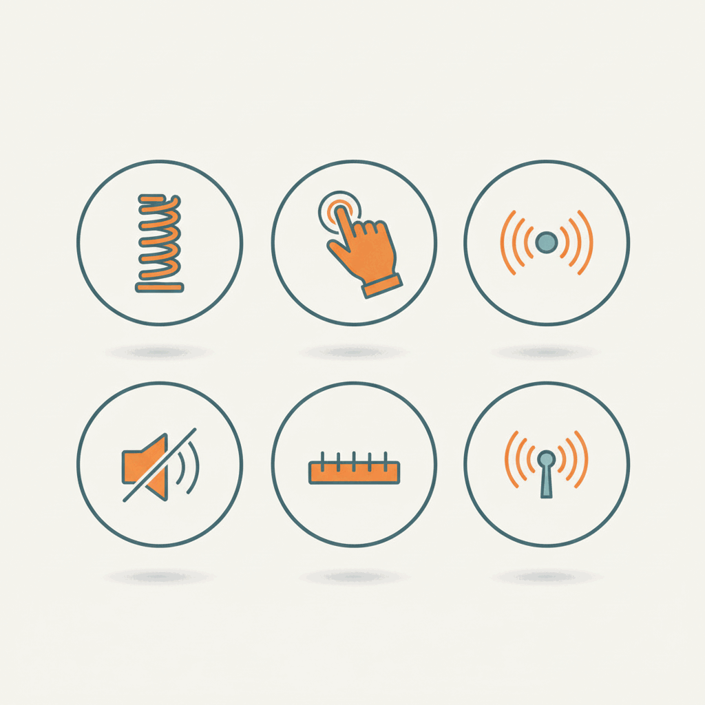 Icon grid of pen features: spring, thumb-press, sound wave, mute, fine ticks, wireless