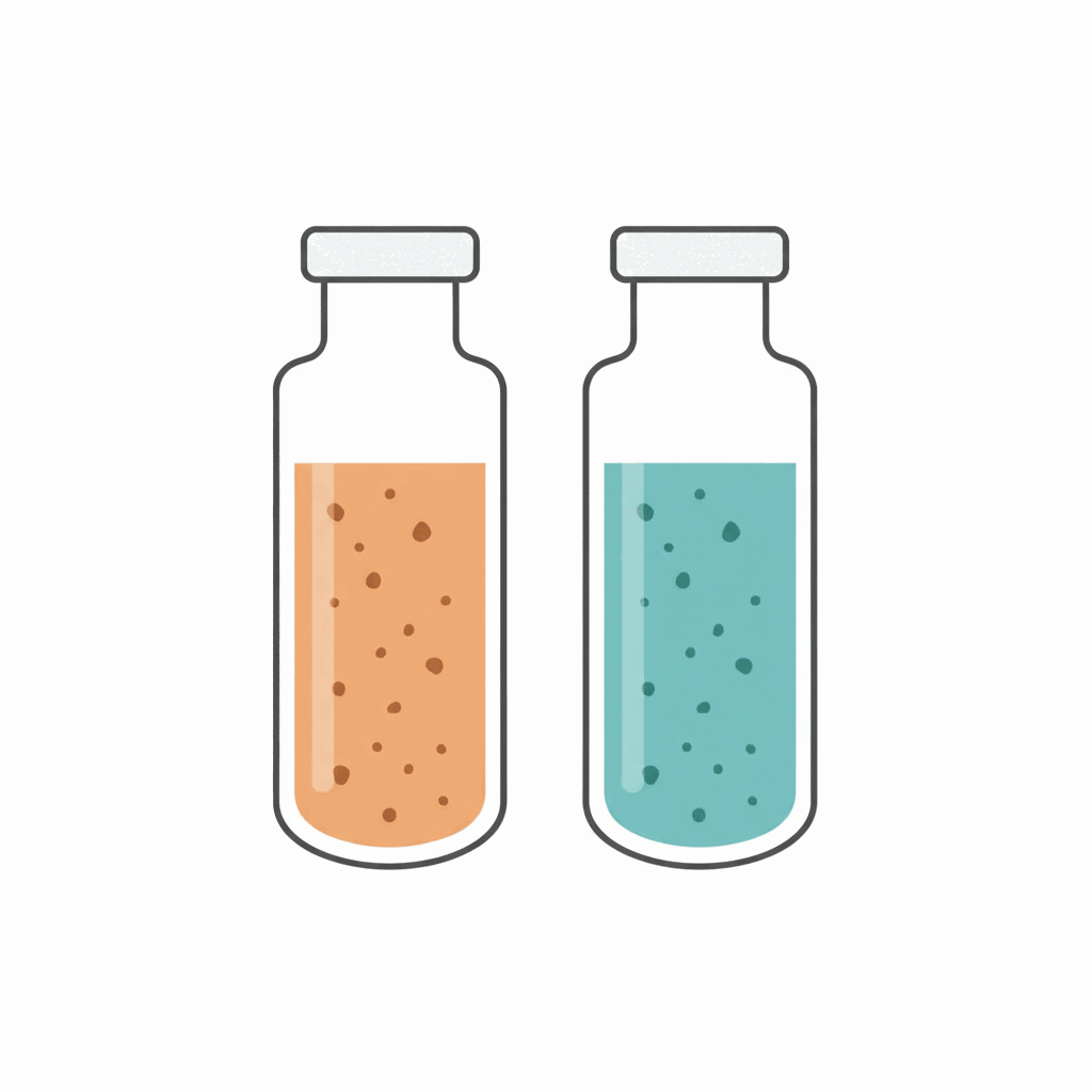 One cloudy vial with undissolved particles beside one clear vial
