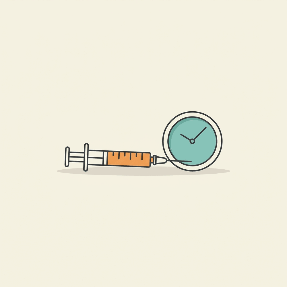 A filled insulin syringe next to a clock, showing time passing while it sits